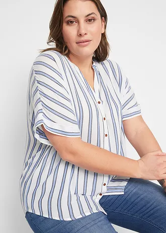 Halenka ze splývavé viskózy se zmačkanou úpravou, barva: modrá s proužky