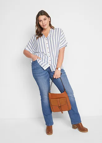 Halenka ze splývavé viskózy se zmačkanou úpravou, barva: modrá s proužky