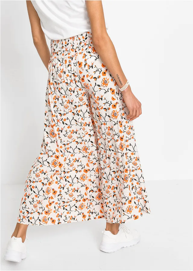 Pantalon palazzo en viscose fluide, Couleur: beige/orange à fleurs