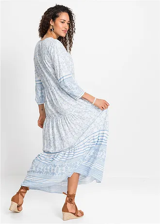 Maxi jurk van soepele viscose, Kleur: wit-lichtblauw grafische print