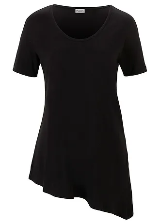 T-shirt long asymétrique en coton et viscose, Couleur: noir