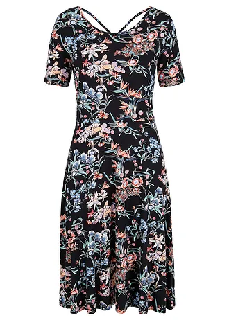 Rochie din jerse în A, până la genunchi • negru floral • magazin bonprix