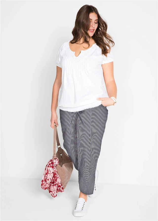 7/8 broek van een linnenmix, Kleur: donkerblauw/wit gestreept