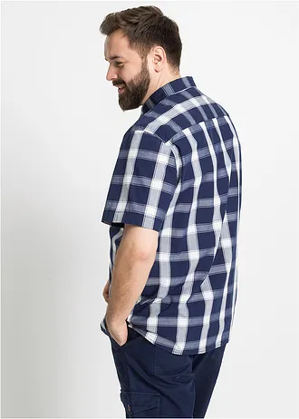 Chemise manches courtes 100% coton, Couleur: bleu foncé carreaux