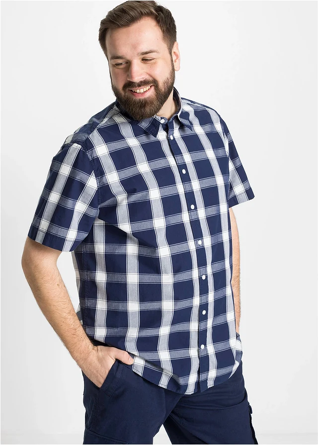 Overhemd van katoen met korte mouwen, Kleur: donkerblauw geruit
