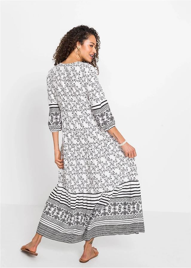 Robe longue en viscose fluide, Couleur: blanc/noir graphique