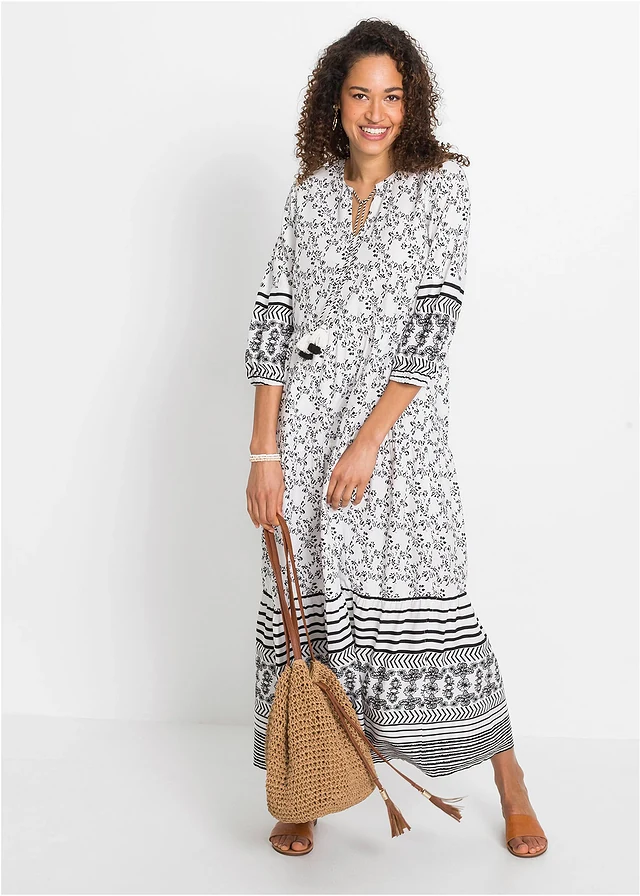 Robe longue en viscose fluide, Couleur: blanc/noir graphique