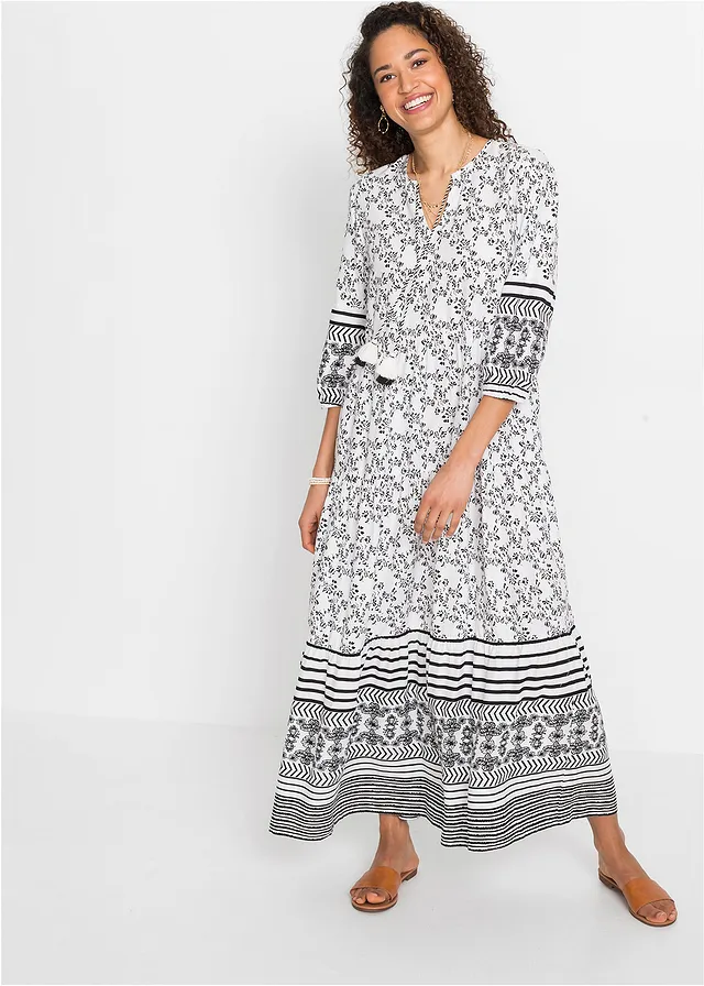 Robe longue en viscose fluide, Couleur: blanc/noir graphique