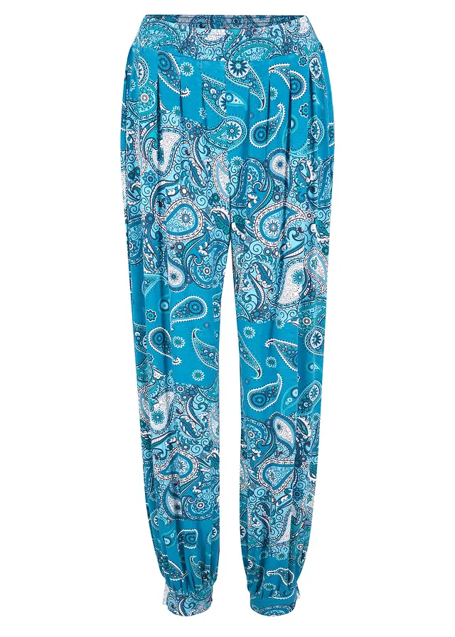 Žerzejové harémové kalhoty ze splývavé směsi s viskózou • tyrkysovomodrá s kašmírovým potiskem • bonprix obchod