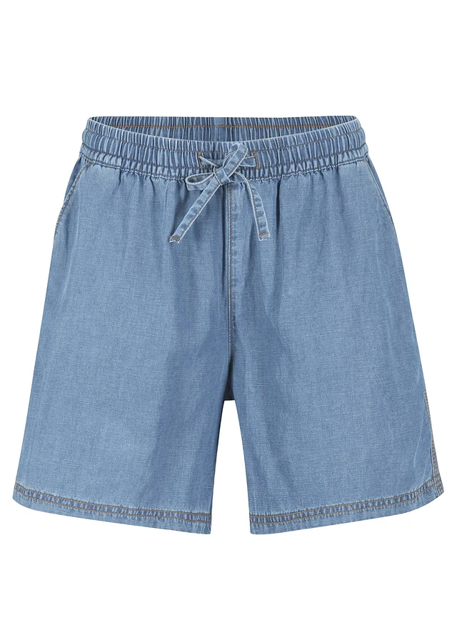 Lichte denim short met linnen en comfortband, extra wijd, Kleur: lichtblauw denim