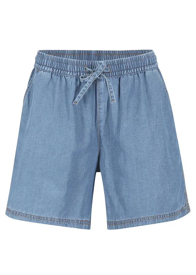 Lichte denim short met linnen en comfortband, extra wijd