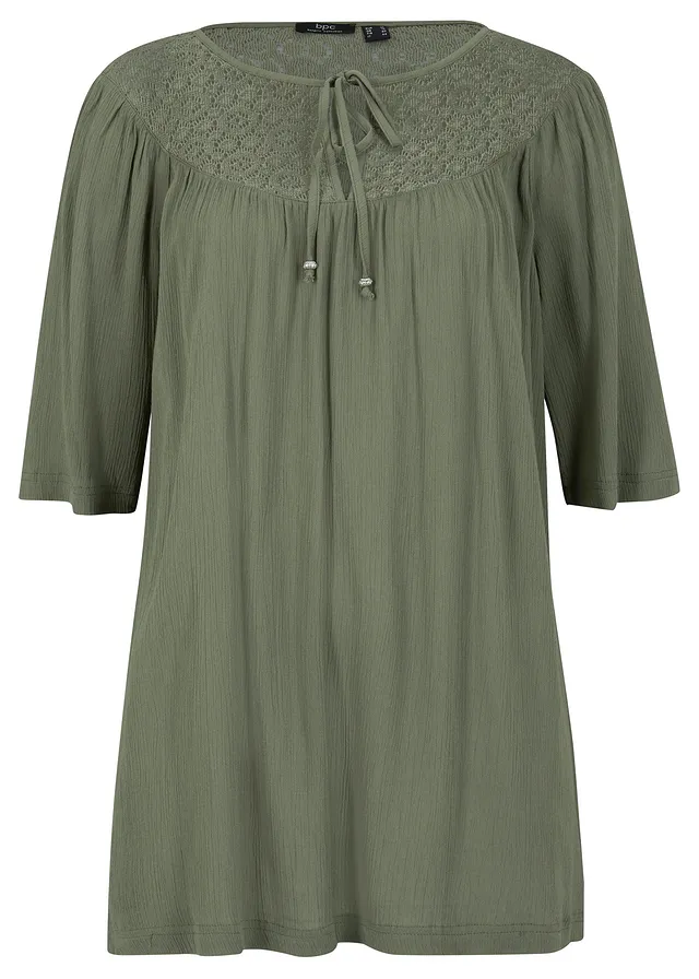 Tunică lungă cu mânecă până la cot, creponată