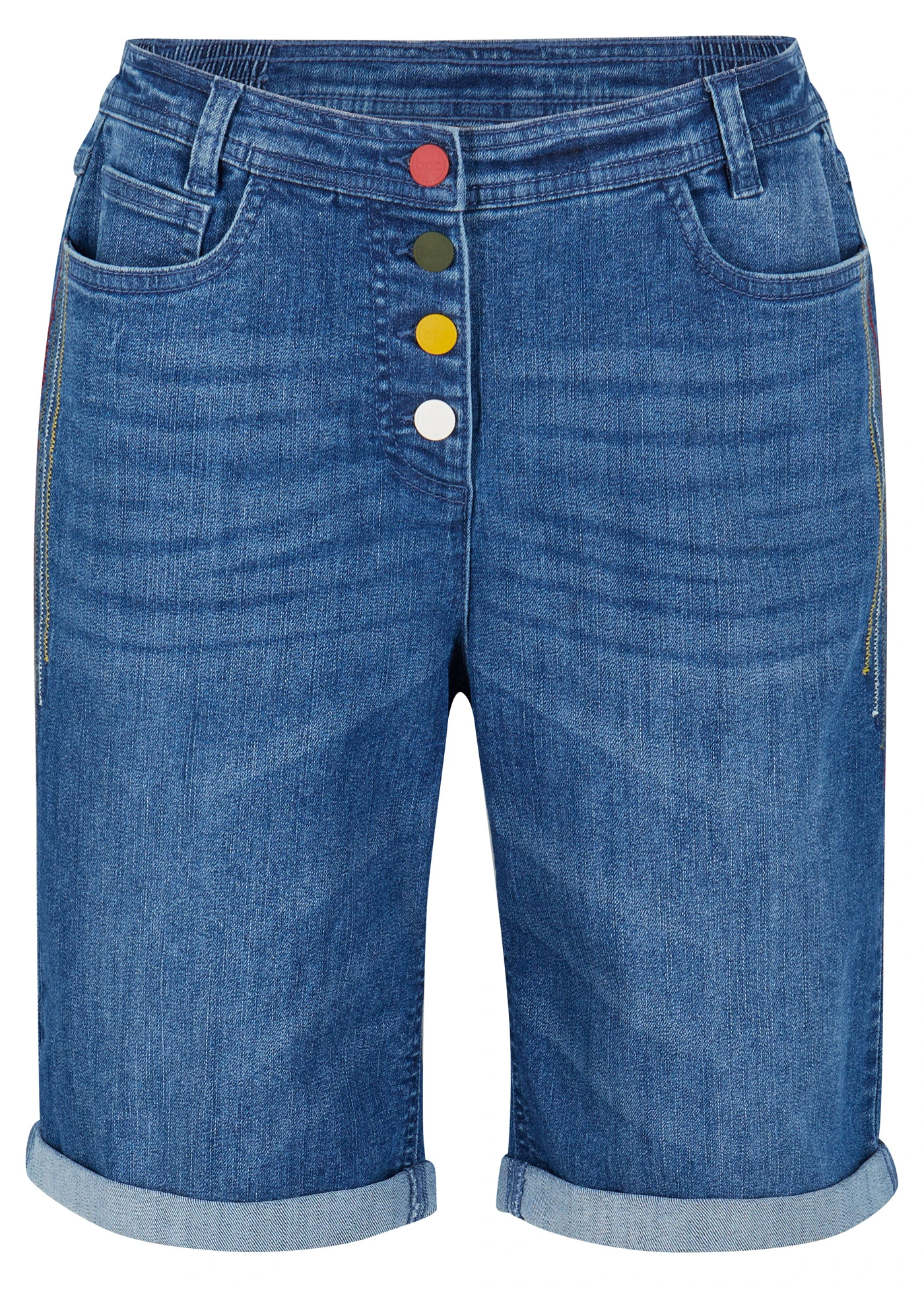 Strečové džínové bermudy s výšivkou a pohodlnou pasovkou • modrý denim • bonprix obchod