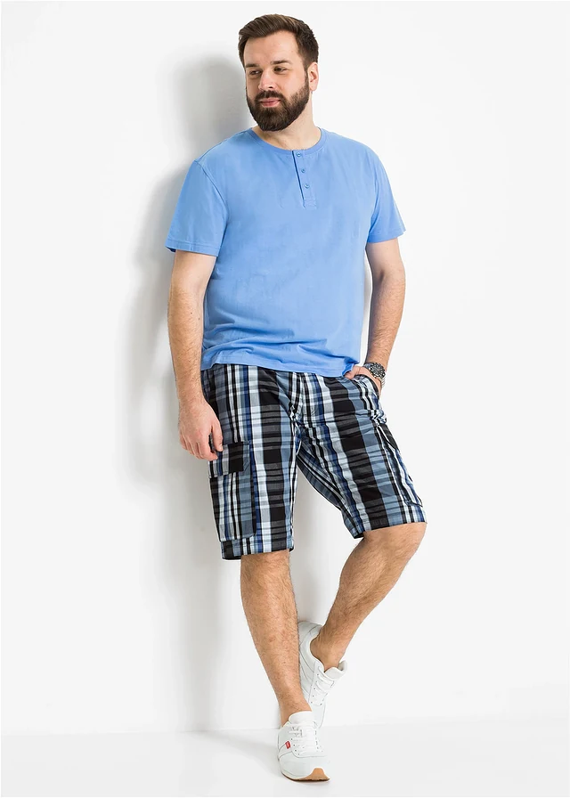Bermuda cargo à taille élastiquée, regular, Couleur: bleu carreaux