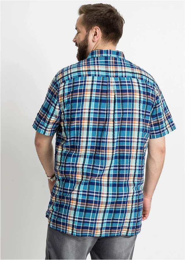 Seersucker overhemd van katoen met korte mouwen, Kleur: blauw geruit
