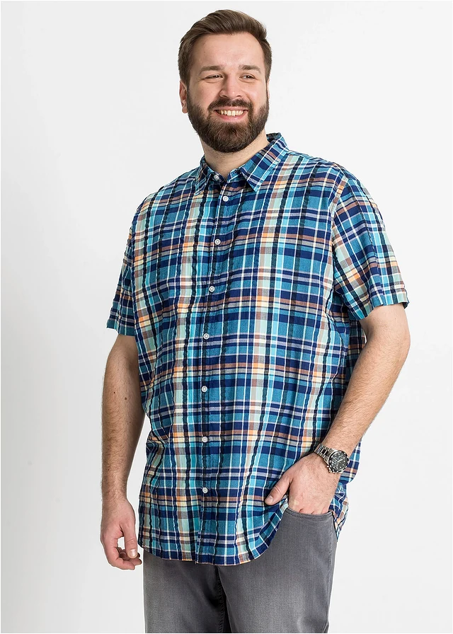 Seersucker overhemd van katoen met korte mouwen, Kleur: blauw geruit