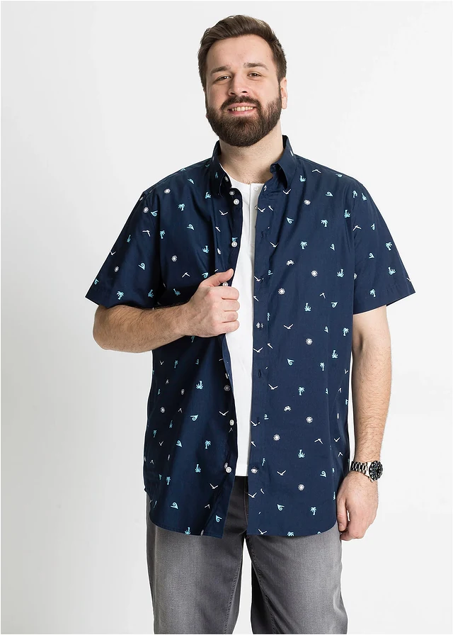 Overhemd met korte mouwen van katoen, Kleur: donkerblauw-wit gedessineerd