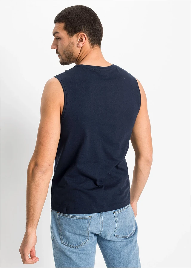 Muscle shirt van biologisch katoen (set van 2), Kleur: mineraalblauw met print+donkerblauw met print