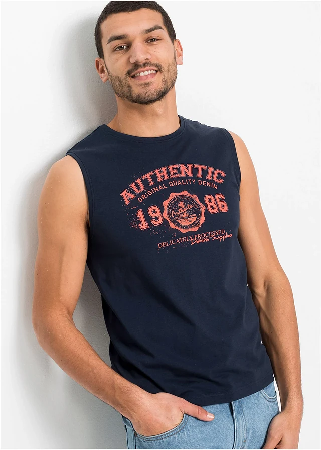 Muscle shirt van biologisch katoen (set van 2), Kleur: mineraalblauw met print+donkerblauw met print