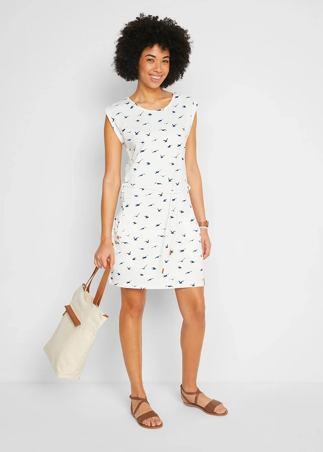 Robe en jersey imprimé à manches papillon, Couleur: écru imprimé