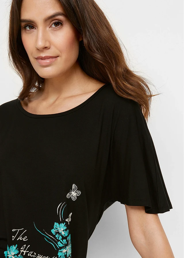 Shirt met boothals, halflange mouw • zwart gebloemd • product-page.page-title-suffix
