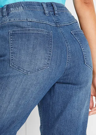 Strečové džínové bermudy s výšivkou a pohodlnou pasovkou • modrý denim • bonprix obchod