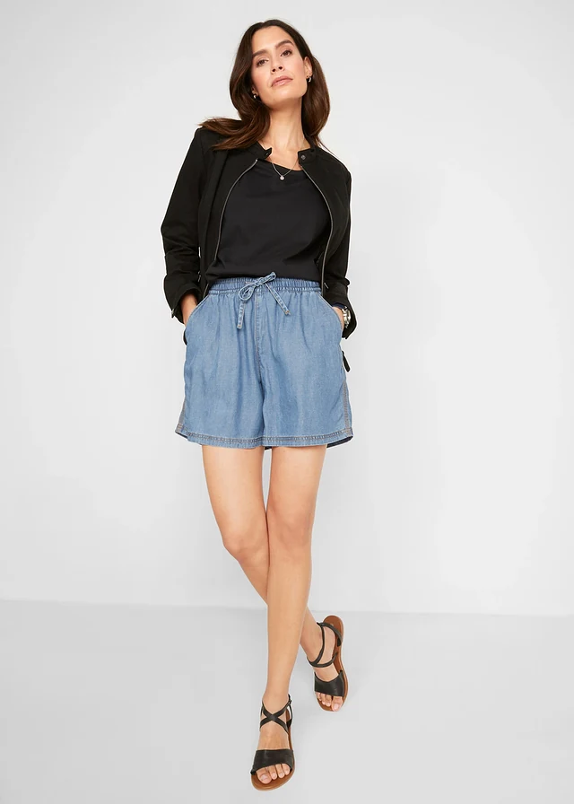 Lichte denim short met linnen en comfortband, extra wijd, Kleur: lichtblauw denim
