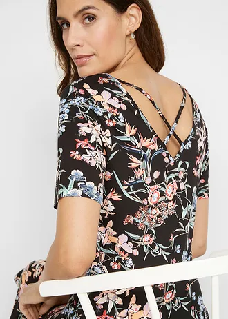 Rochie din jerse în A, până la genunchi • negru floral • magazin bonprix