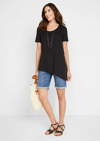 T-shirt long asymétrique en coton et viscose, Couleur: noir