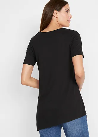 T-shirt long asymétrique en coton et viscose, Couleur: noir