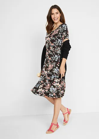 Rochie din jerse în A, până la genunchi • negru floral • magazin bonprix