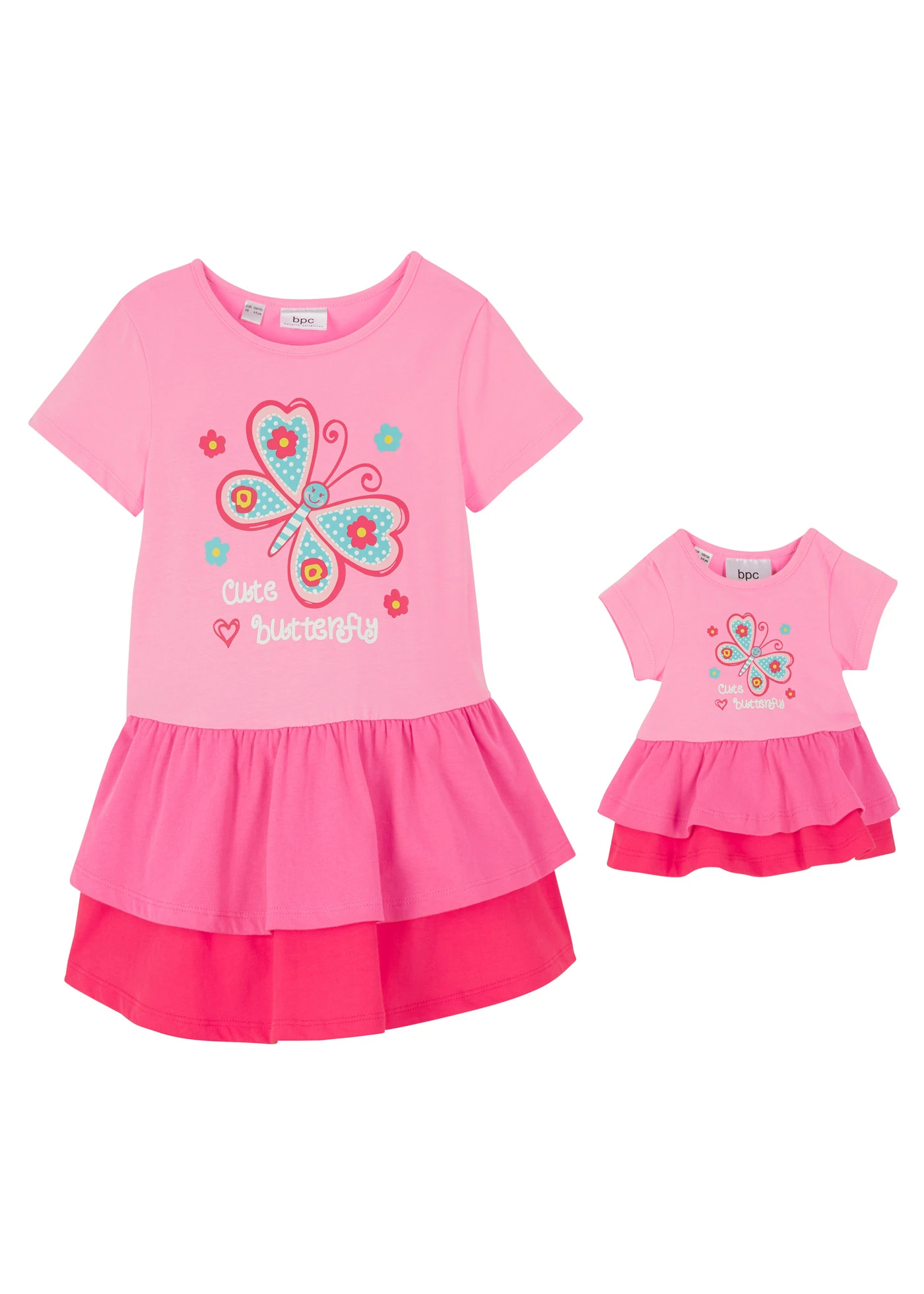 Meisjes jurk en poppenjurk (2-dlg. set) van biologisch katoen • roze-pink • bonprix online shop