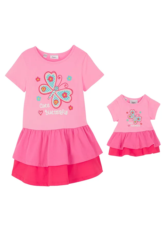 Meisjes jurk en poppenjurk (2-dlg. set) van biologisch katoen • roze-pink • bonprix online shop
