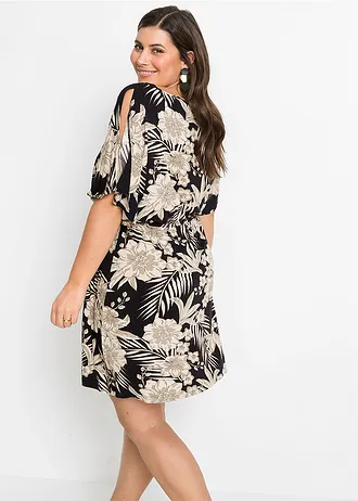 Jersey jurk, Kleur: zwart-beige gebloemd