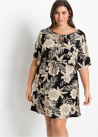 Jersey jurk, Kleur: zwart-beige gebloemd