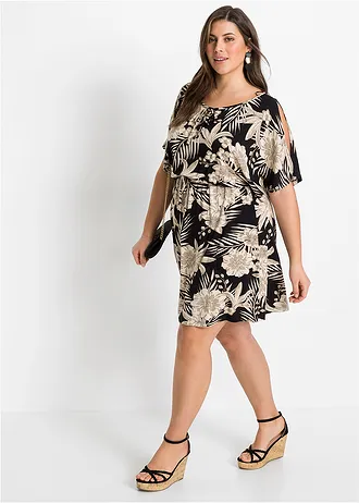 Jersey jurk, Kleur: zwart-beige gebloemd