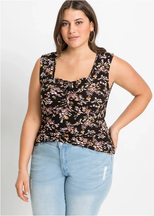 Top en viscose extensible, Couleur: noir floral