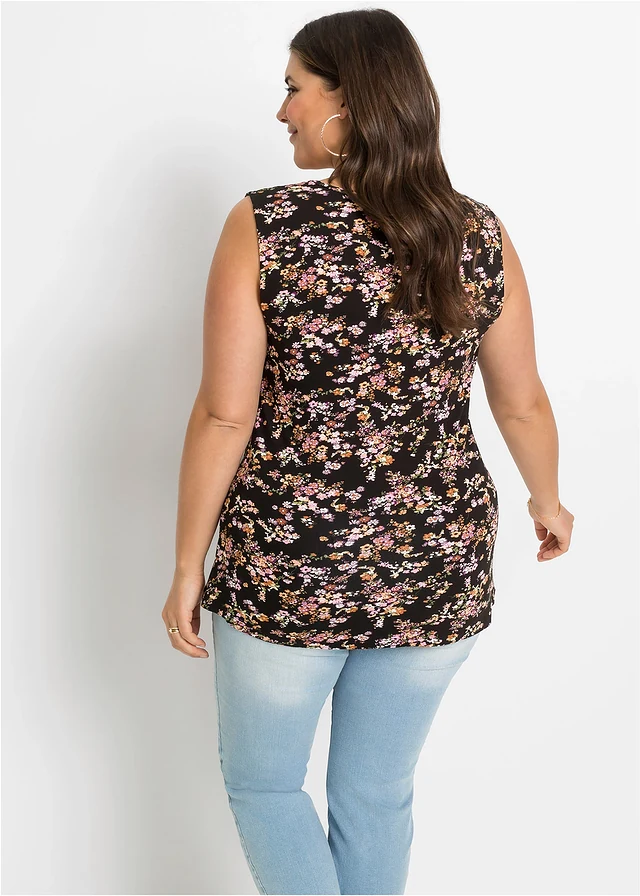 Top en viscose extensible, Couleur: noir/marron clair/violet foncé/olive/crème/rose glycine/olive/blanc/rouille à fleurs