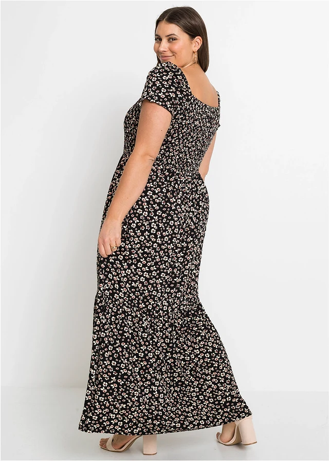 Robe longue en viscose extensible, Couleur: noir/écru floral