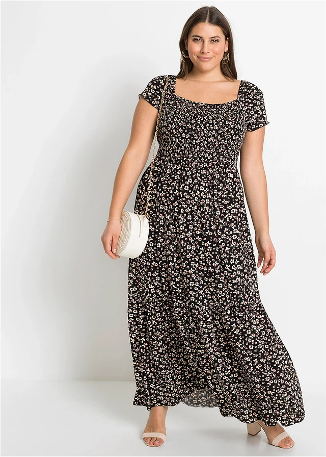 Rochie maxi din mix fluid cu viscoză, culoare: negru-ecru cu floricele