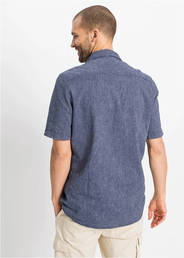 Linnenmix overhemd met korte mouwen, Kleur: blauw-wit gestreept