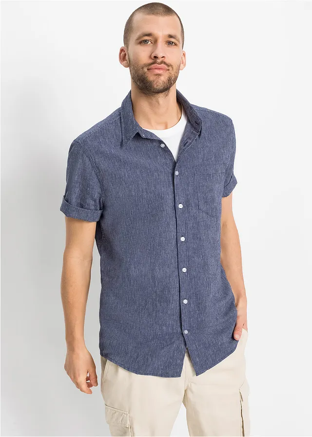 Linnenmix overhemd met korte mouwen, Kleur: blauw-wit gestreept