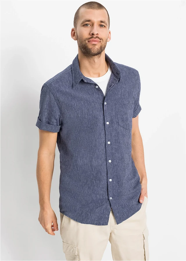 Linnenmix overhemd met korte mouwen, Kleur: blauw-wit gestreept