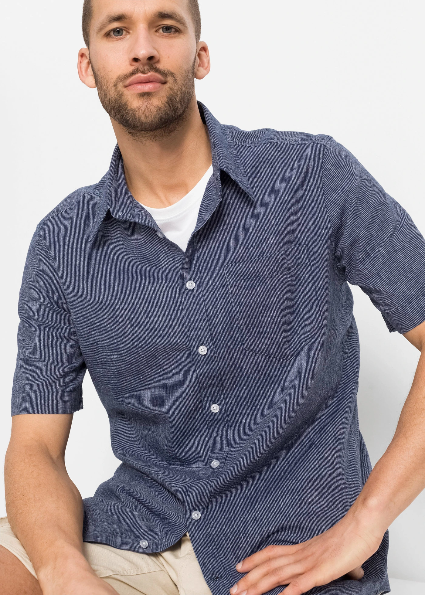 Košile s podílem lnu, krátký rukáv • modro-bílá s proužky • bonprix obchod