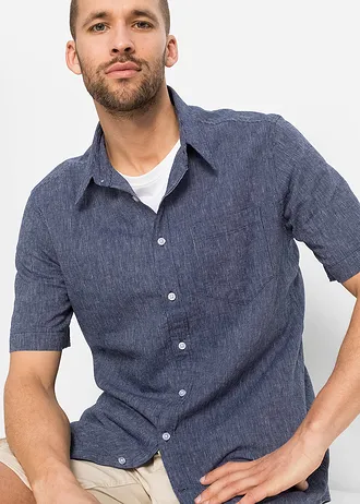 Košile s podílem lnu, krátký rukáv • modro-bílá s proužky • bonprix obchod