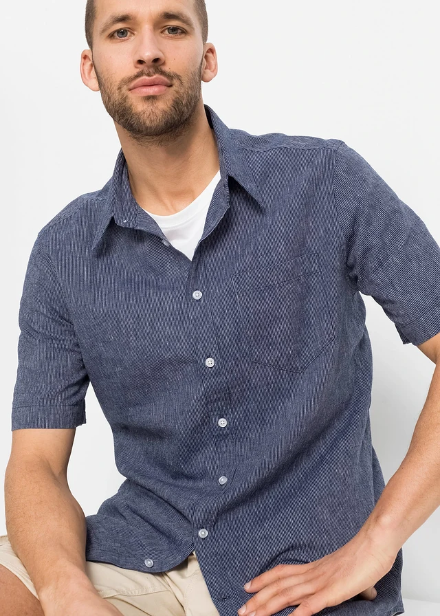 Chemise manches courtes en lin mélangé • bleu/blanc rayé • product-page.page-title-suffix