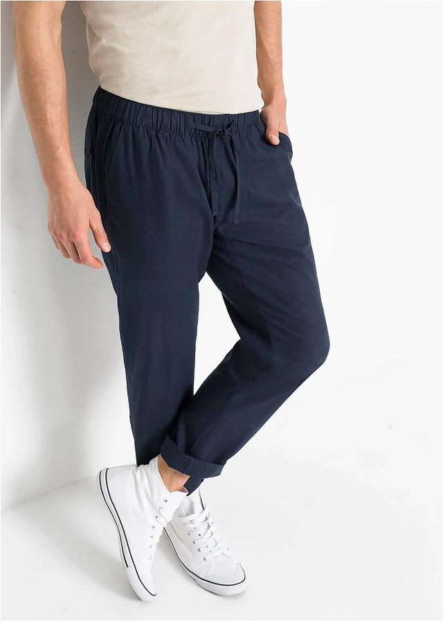 Regular fit chino instapbroek met linnen, straight, Kleur: donkerblauw