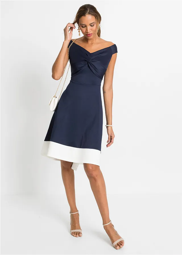 Robe à col Bardot et détail nœud, Couleur: bleu foncé   blanc