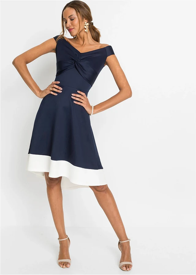 Robe à col Bardot et détail nœud, Couleur: bleu foncé   blanc