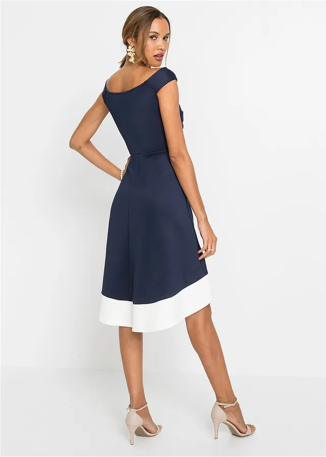 Robe à col Bardot et détail nœud, Couleur: bleu foncé   blanc
